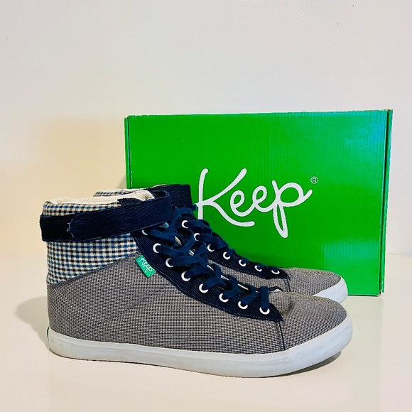Keep Grey Houndstooth & Blue Check Canvas High-top Vegan Unisex Sneakers M 8.5 - Picture 2 of 16
